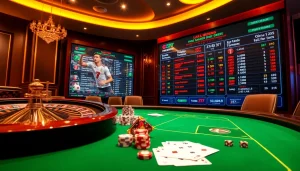 Engaging scene showcasing a high-stakes gambling atmosphere with tỷ số bóng đá 7m displayed alongside poker chips and betting slips.