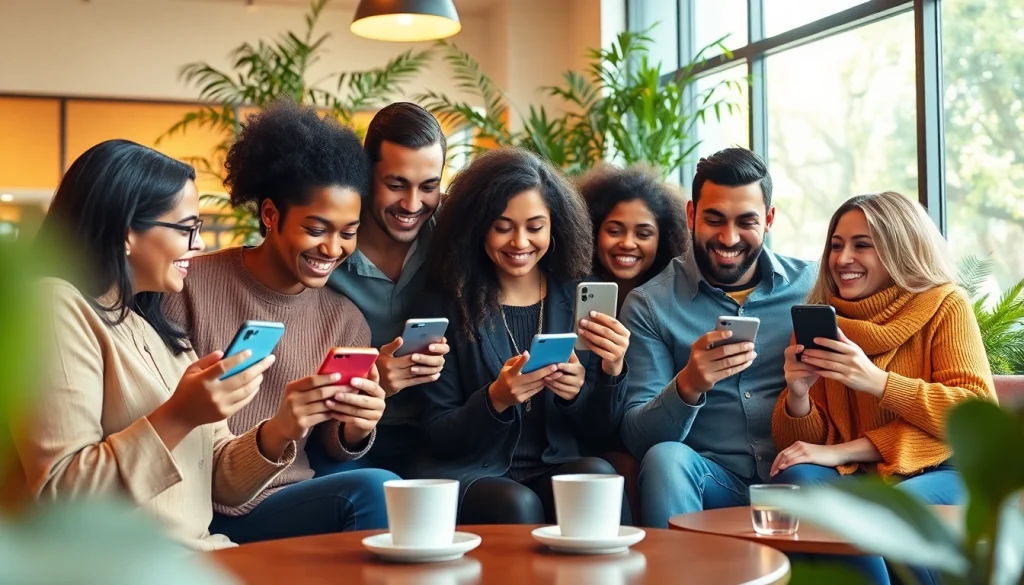 People engaging with the Jalwa app in a cozy coffee shop setting, showcasing connection and entertainment.