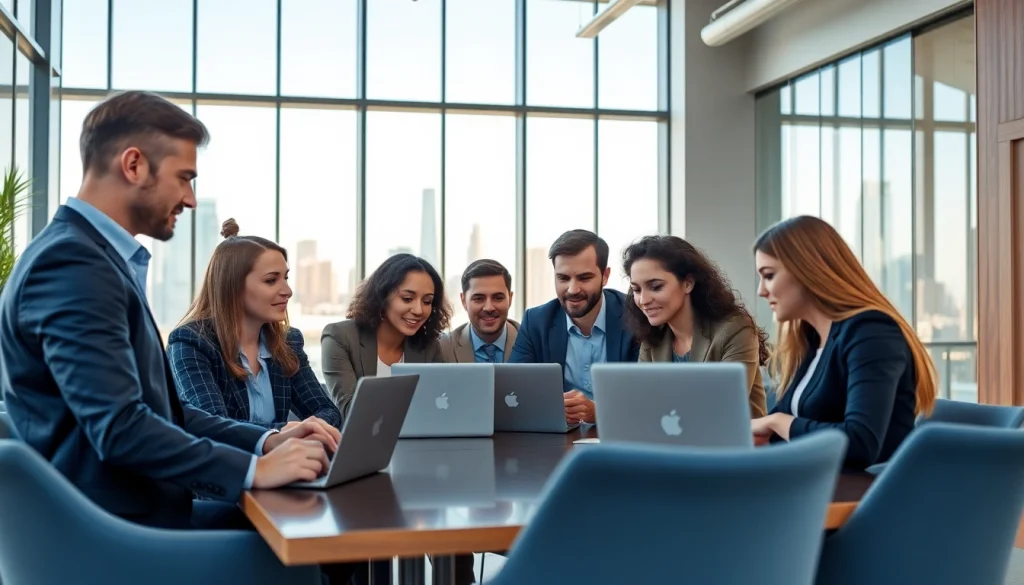 Increase productivity and growth with an energetic outsourced sales team collaborating in a modern office.