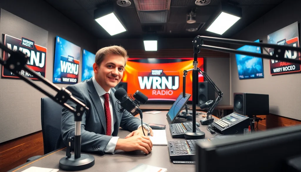 Engaging WRNJ Radio broadcaster presenting live on air in a vibrant studio environment.