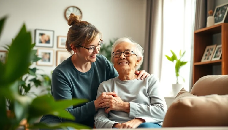 Experience compassionate in home care austin tx with a caregiver supporting an elderly client in a warm living room.