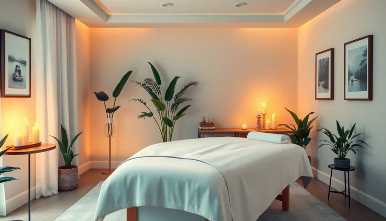 Tranquil scene of a professional 출장안마 service setup with a massage table and ambient lighting.