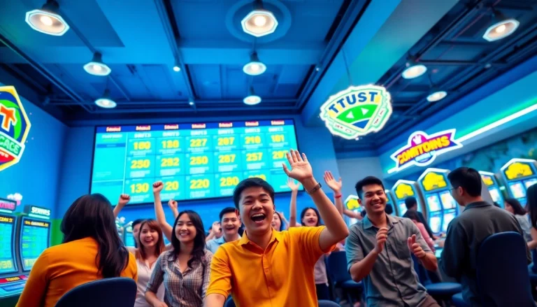 Momen permainan yang mendebarkan dengan para pemain menikmati Sumo Togel online, menampilkan nomor lotere yang berwarna-warni dan animasi kemenangan.