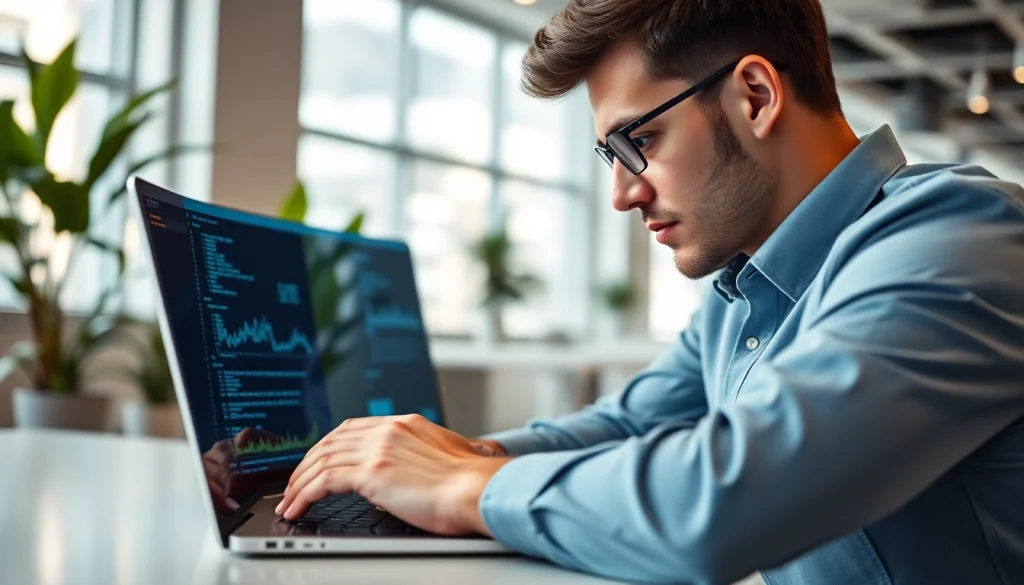 Analyze das 140 technology on a laptop in a professional workspace filled with natural light.