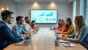 Explore business growth insights with a collaborative team strategizing in a modern conference room.