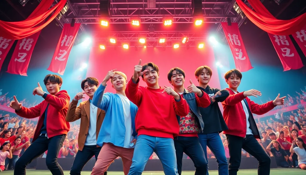 BTS members perform energetically on stage, showcasing their vibrant personalities.