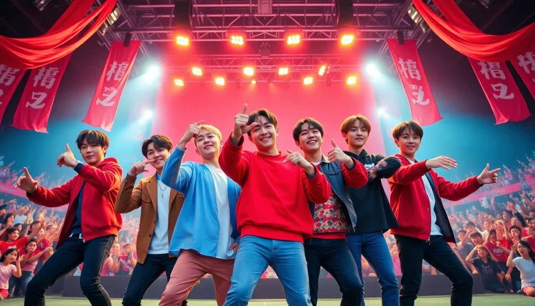 BTS members perform energetically on stage, showcasing their vibrant personalities.