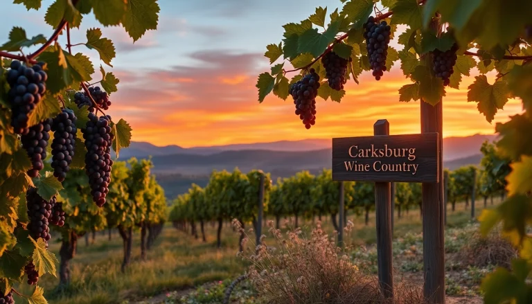 Carksburg CA vineyard landscape with lush grapevines and a sunset sky.