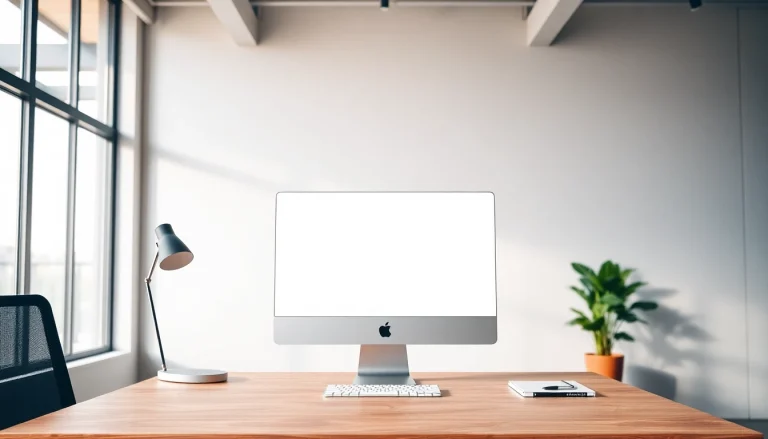 El iMac 24 pulgadas en un ambiente de trabajo moderno con luz natural y accesorios elegantes.