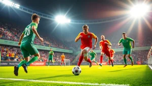 Action-packed scene of โปรแกรมบอล วันนี้ with players engaged in a lively soccer match.