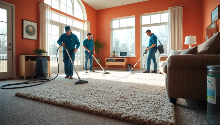 Efficient carpet cleaning near me demonstrated by professionals in a bright living room.