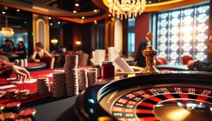 Experience thrilling gaming at https://i5bet.it.com/ with vibrant casino elements like poker chips and roulette wheels.