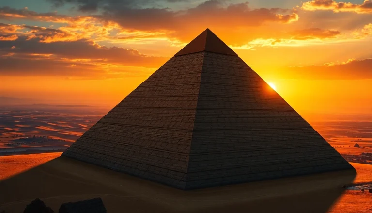 Visually stunning portrayal highlighting piraminds' grandeur under a dramatic sunset.