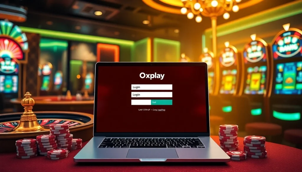 Engage with the exciting Oxplay login interface at a luxurious casino, featuring vibrant slot machines and roulette.