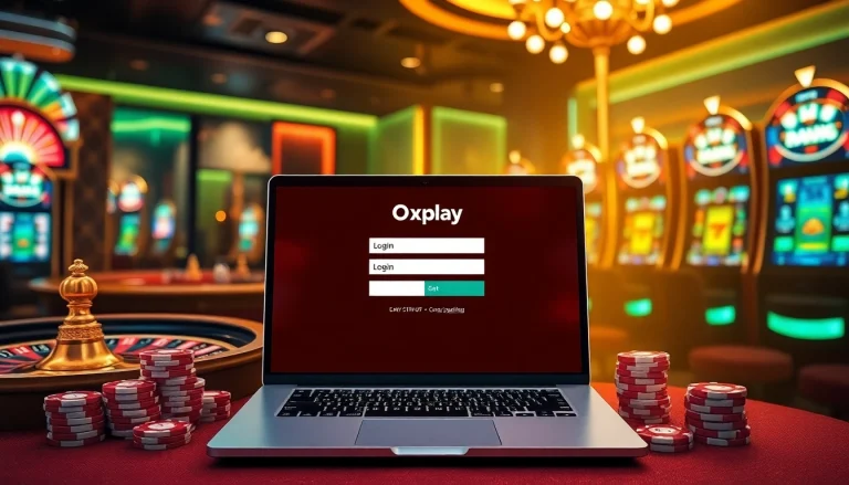 Engage with the exciting Oxplay login interface at a luxurious casino, featuring vibrant slot machines and roulette.