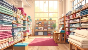 Koop goedkope katoenen stoffen online Nederland in een verfijnde stoffenwinkel met diverse kleuren.