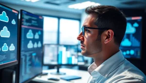 Explore cloud migration services, showcasing an IT specialist engaged in data migration analysis.