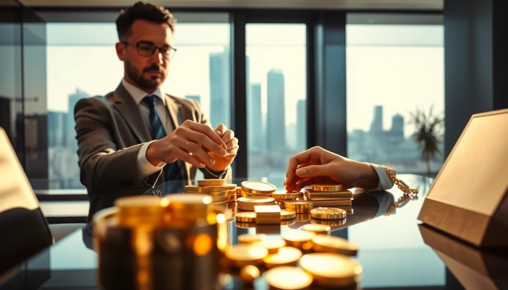 Goldankauf: Professional examining gold items in a modern office setting