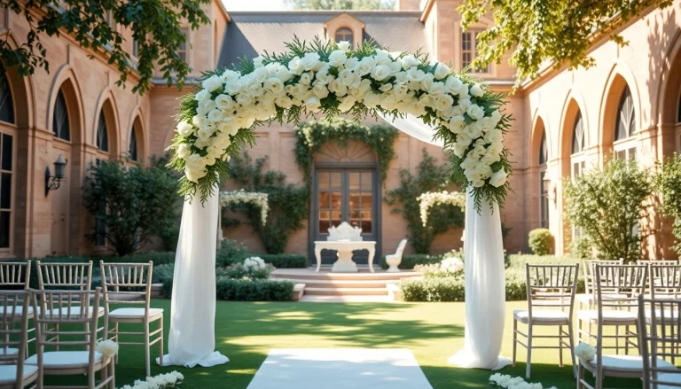 Captivating view of historic wedding venue Jacksonville FL with elegant flower arrangements and vintage architecture.