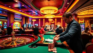 Engaged players at tables in a luxurious casino atmosphere at https://mm88.co.in/, showcasing excitement and strategy.