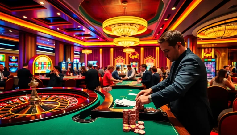 Engaged players at tables in a luxurious casino atmosphere at https://mm88.co.in/, showcasing excitement and strategy.