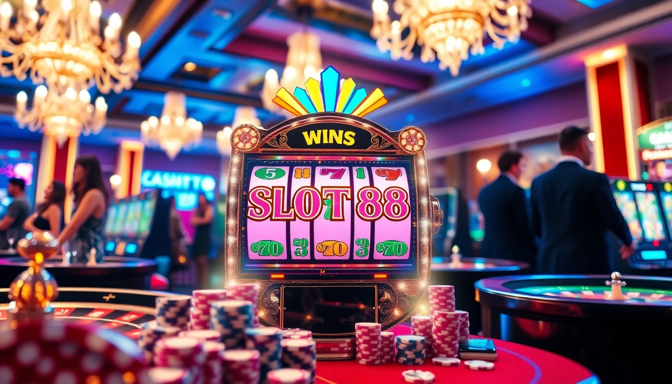 Players enjoying a thrilling game at the SLOT88 slot machine, surrounded by poker chips and excitement.