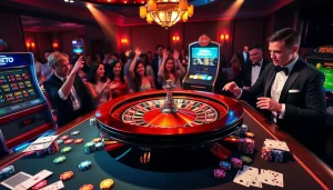 Experience the excitement of playing at https://febet8.com with a lively casino scene featuring a roulette wheel and players.