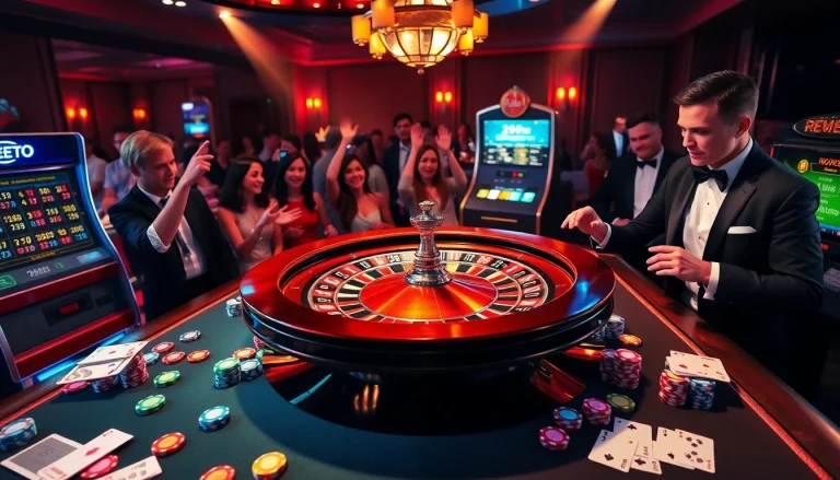 Experience the excitement of playing at https://febet8.com with a lively casino scene featuring a roulette wheel and players.