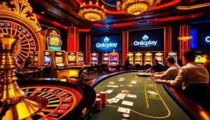 Engage with Onicplay's thrilling casino experience featuring elegant poker gameplay and vibrant slot machines.