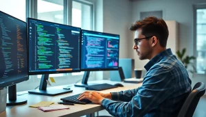 Software engineering workspace with code on monitors and a focused developer.