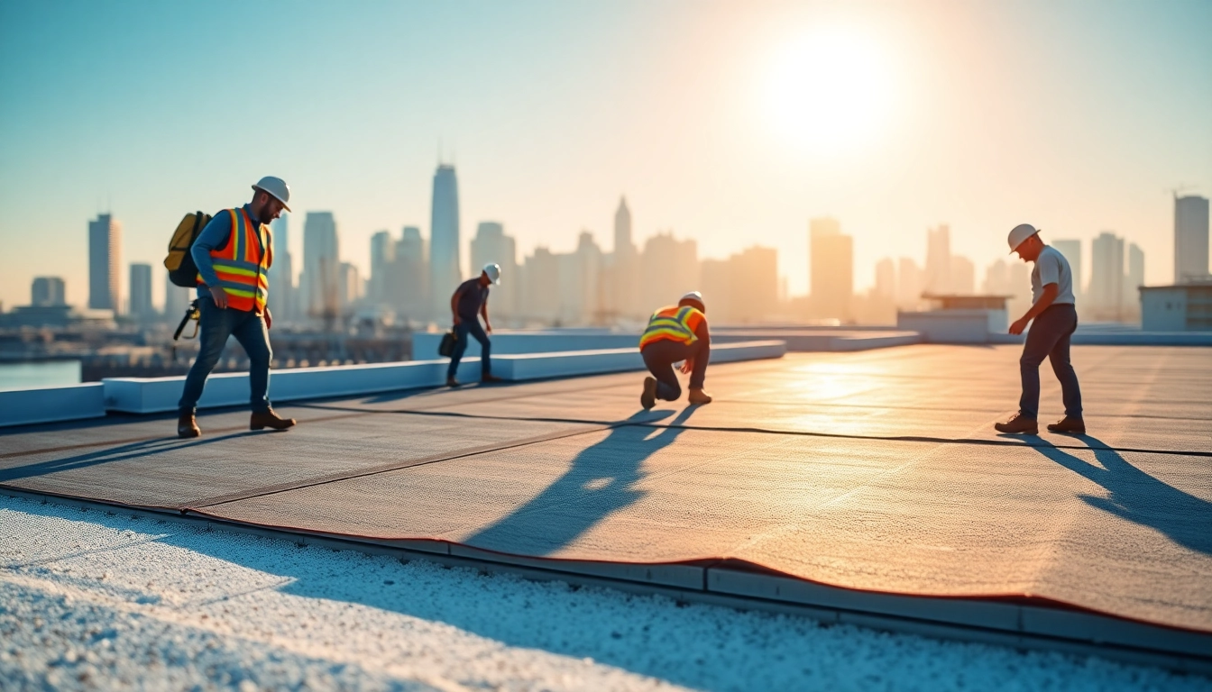 Commercial flat roofing installation in progress under bright sunlight, showcasing TPO roofing material.