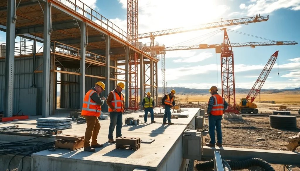 Workers at a construction site in Wyoming illustrating the construction association wyoming with teamwork and equipment.