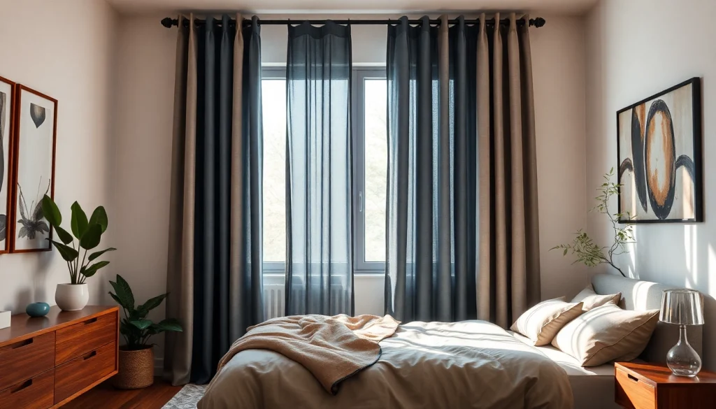 Verduisterende gordijnen in een moderne slaapkamer die licht blokkeren en elegantie uitstralen.