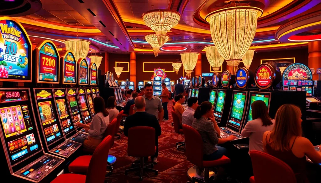 Para pemain menikmati permainan slot pulsa yang mendebarkan dalam suasana kasino yang penuh warna.