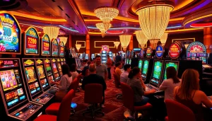 Para pemain menikmati permainan slot pulsa yang mendebarkan dalam suasana kasino yang penuh warna.