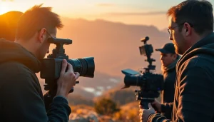 Cinematic video production team capturing stunning landscape at sunset.