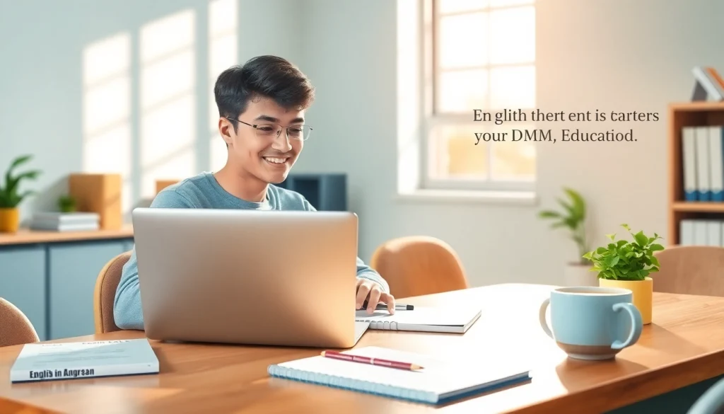 初心者向けのDMM英会話 始め方—ノートパソコンと学習教材を備えた魅力的なオンライン学習環境。