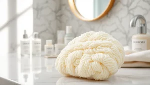 Using a makeup remover loofah to gently clean the skin, highlighting its unique texture and capabilities.