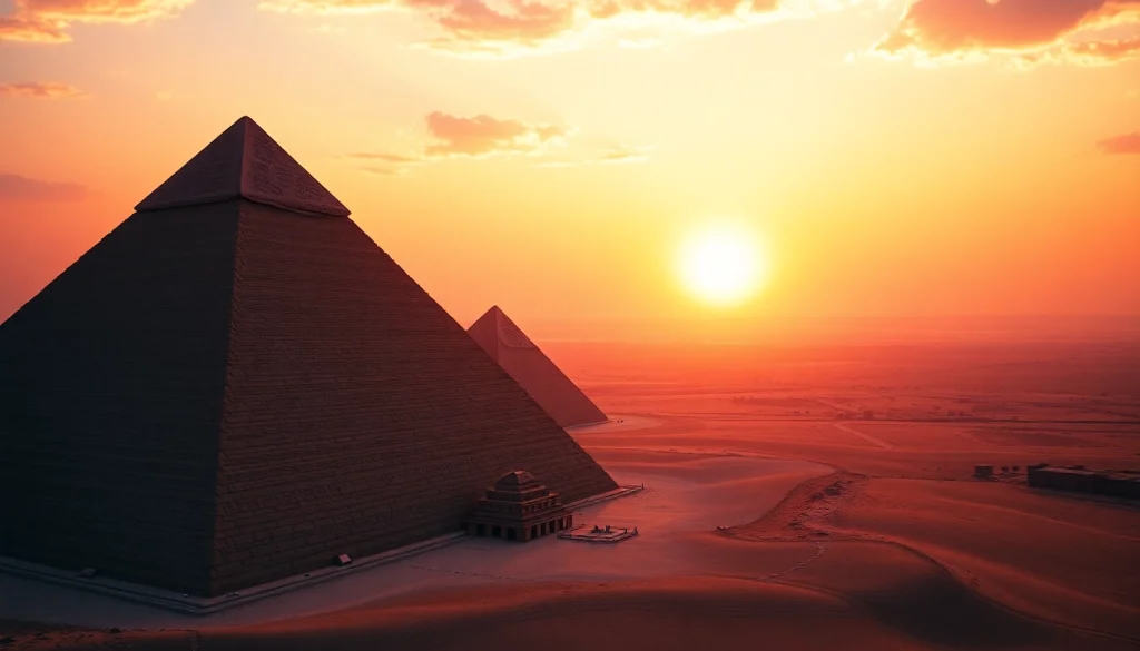 Captivating view of the Giza pyramids at sunset, showcasing the magnificent piraminds in their desert setting.