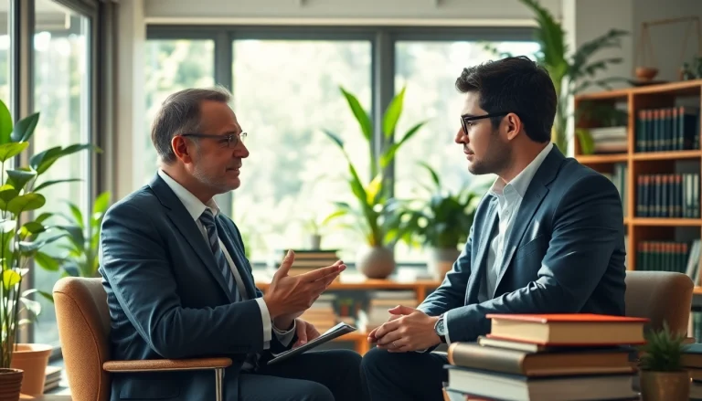 Environmental lawyer advising a client in a modern office setting.