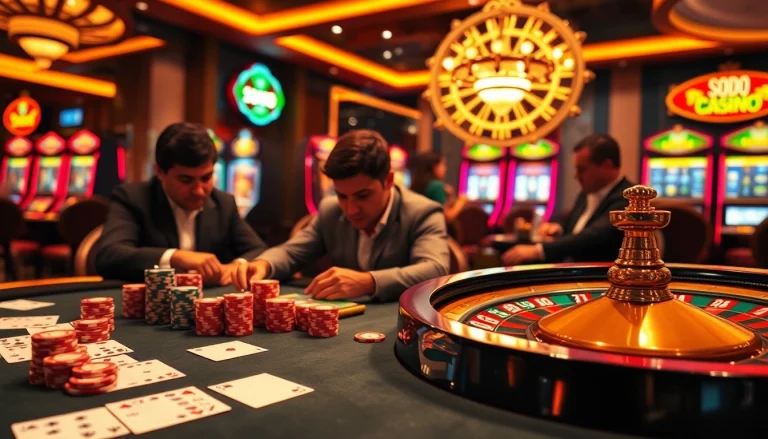 SODO CASINO players engaging in an exciting poker game at a vibrant casino table.