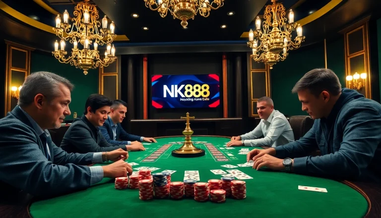 Experience high-stakes excitement with NK88 at a luxurious poker table.