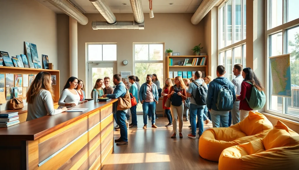 Travelers experiencing the Lowest rate guaranteed for hostels at a welcoming reception area.