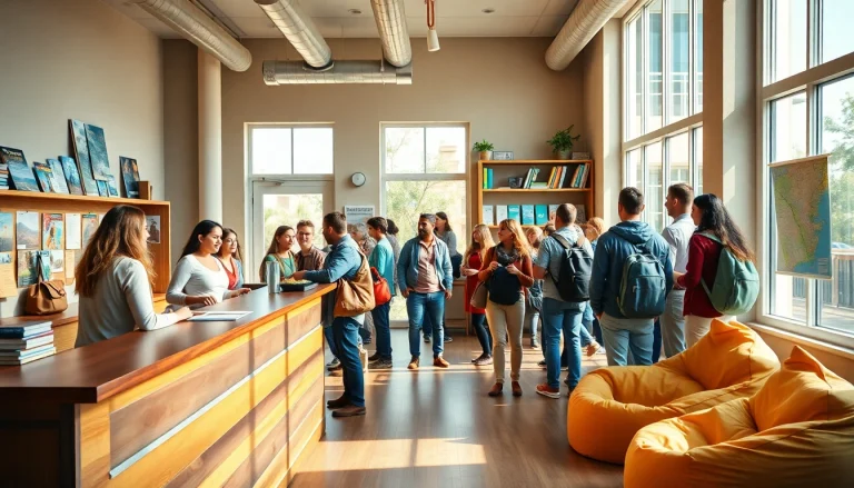 Travelers experiencing the Lowest rate guaranteed for hostels at a welcoming reception area.