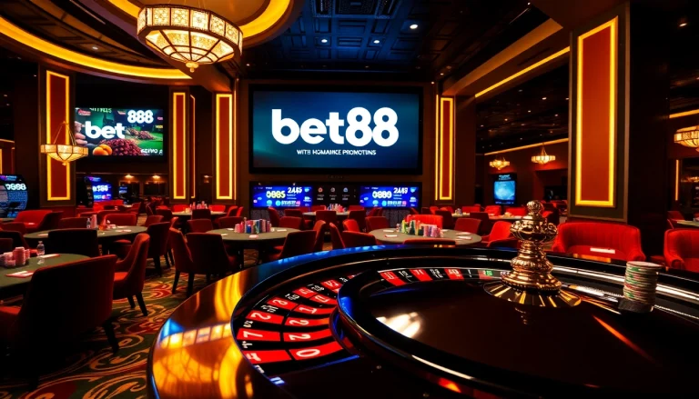 Bet88 players enjoying the thrill of roulette and poker in a luxurious casino.