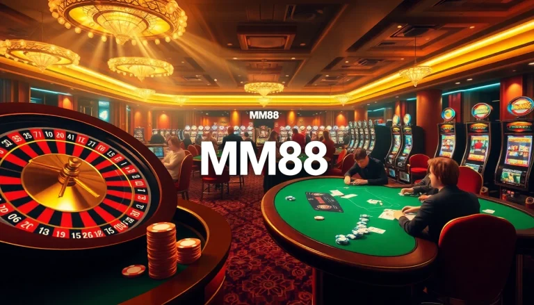Experience the thrill of MM88 in a vibrant casino setting with roulette wheels, poker games, and slot machines.