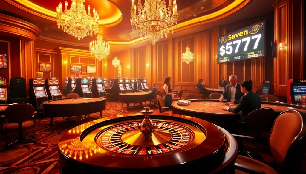 Experience seven77 winnings at a luxurious casino with tables, enchanting lighting, and thrilling atmosphere.