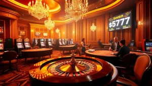 Experience seven77 winnings at a luxurious casino with tables, enchanting lighting, and thrilling atmosphere.