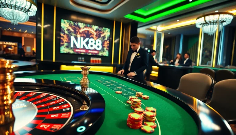 Engage with NK88 at a luxurious casino table featuring roulette, chips, and focused players making strategic bets.