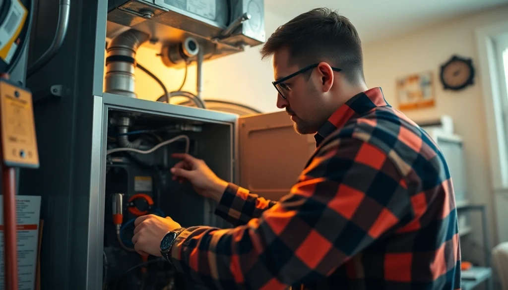Expert HVAC repair lewisboro technician servicing a furnace with tools, ensuring quality maintenance.